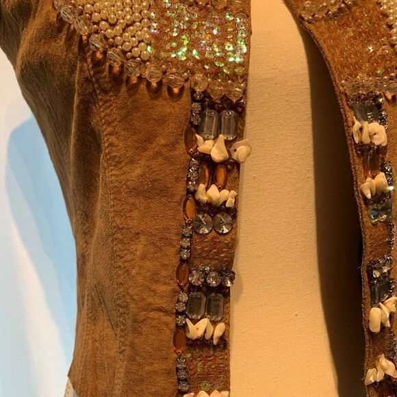 Vest, real suede, beads, sequins, shells, lined, EUC, European sz 40, Amer sz 8 - Picture 7 of 16